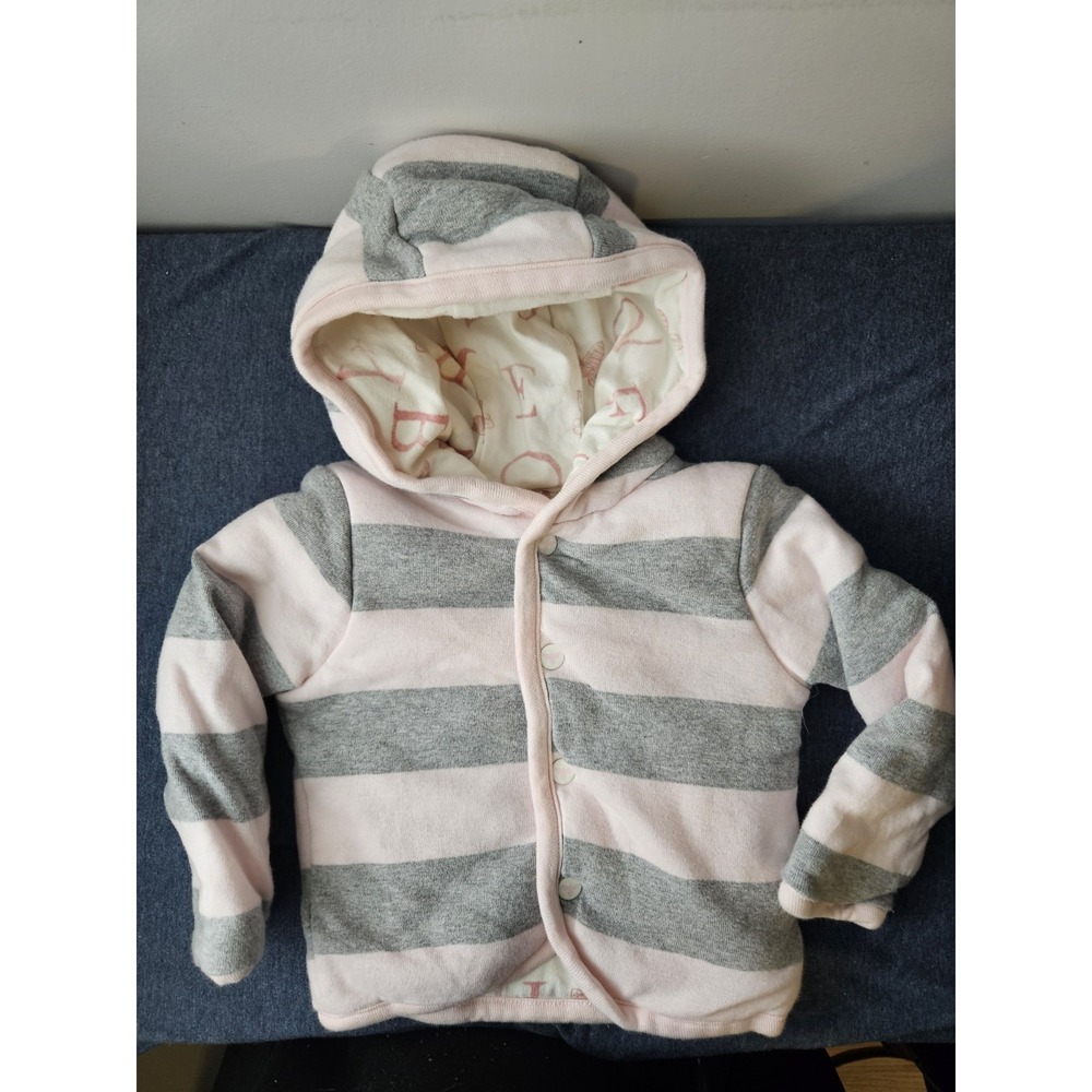 Burts Bees Puffy Jacket Pink/Gray Stripped With Hood Sz 3-6M 100% Organic Cotton - Picture 2 of 4